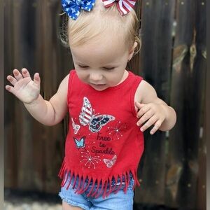 Patriotic Adorable Red Butterfly Fringe‎ Kids Top | Size 2T | Cute & Fun Design
